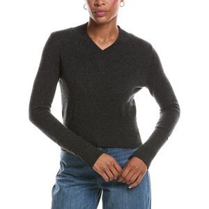 Autumn Cashmere Womens  V-Neck High Cuff 100% Cashmere Sweater, Black